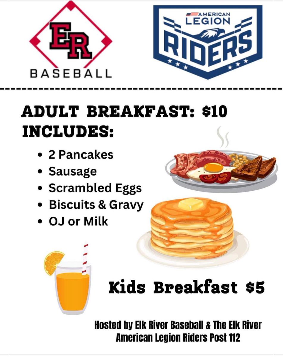 ElkRiverBasebal's tweet photo. Join our guys for breakfast tomorrow morning! https://t.co/5umY6mbtJt