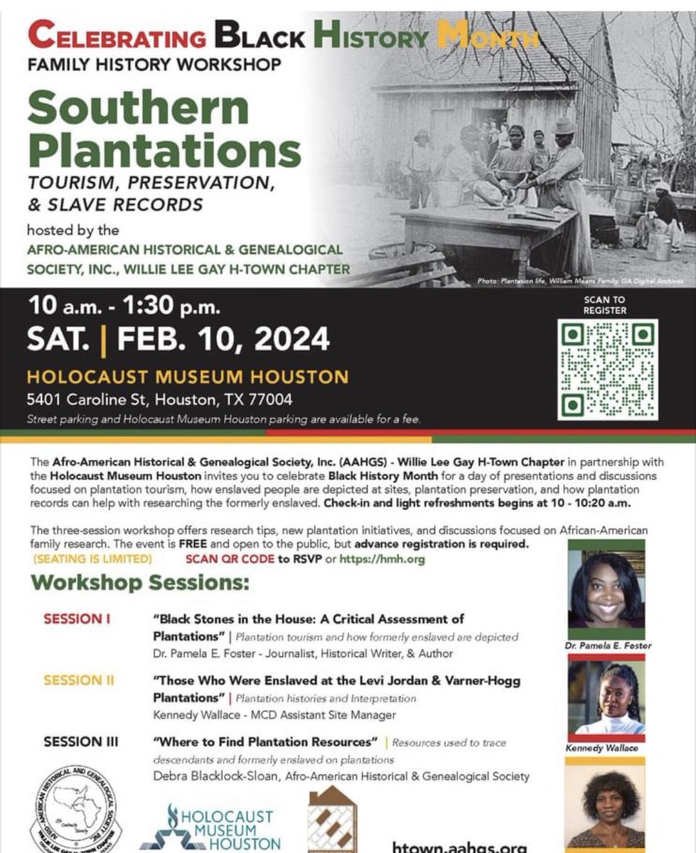 EmancipationTx's tweet photo. Join the Afro-American Historical and Genealogical Society of Houston as they celebrate Black History Month with a FREE Family History Workshop: Southern Plantations (Tourism, Preservation, and Slave Records) at the HOLOCAUST MUSEUM HOUSTON from 10AM - 1:30PM on February 10. https://t.co/BAvQzzDQPK