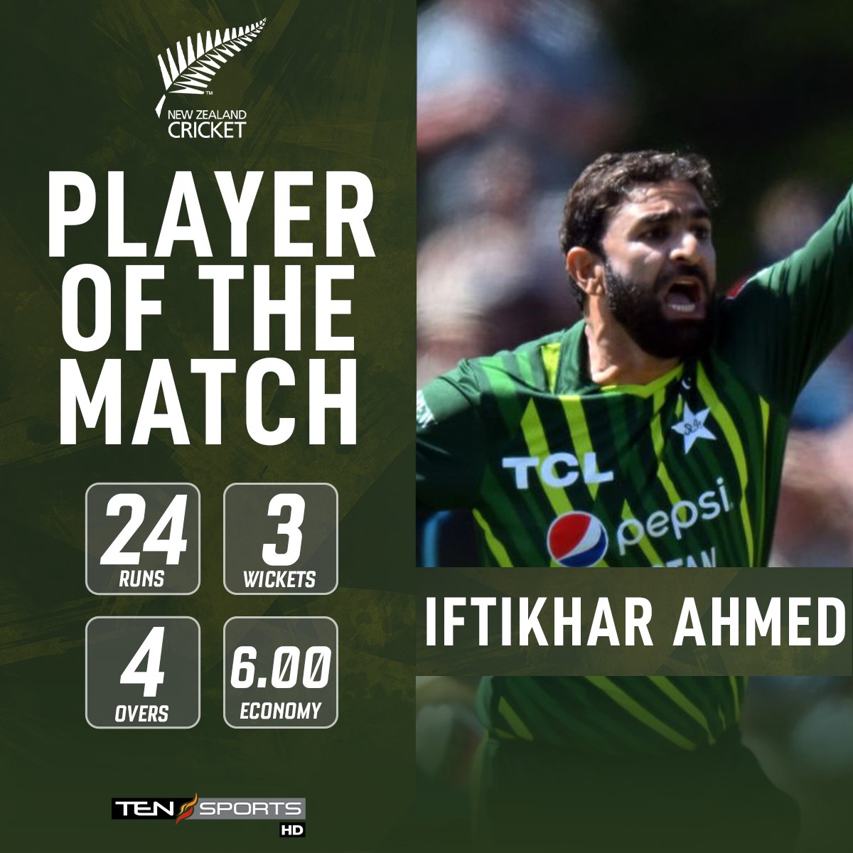 TenPakistan's tweet image. Iftikhar Ahmed claimed the Player of the Match award for his outstanding performance, securing three crucial wickets – sending Seifert, Henry, and Sodhi back to the pavilion. 🌟

#PAKvsNZ #GoGreens #T20I #T20Series #Cricket #TenSportsHD