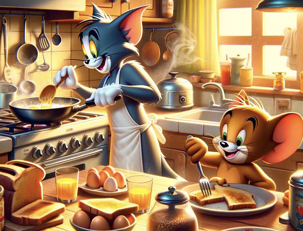 Tom and Jerry are making breakfast for you. Get up and eat when you are hungry. Don’t waste the only good time left on the weekend.