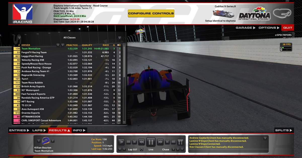 #iRacing | Update Daytona 24h 

🏁 15th hour of the event and we've taken first place!!!!

💪Great work from @LDL_Kilcri on his second run 

We keep pushing !!! 🔥

#GoMentalism
#WeFigureAsOne