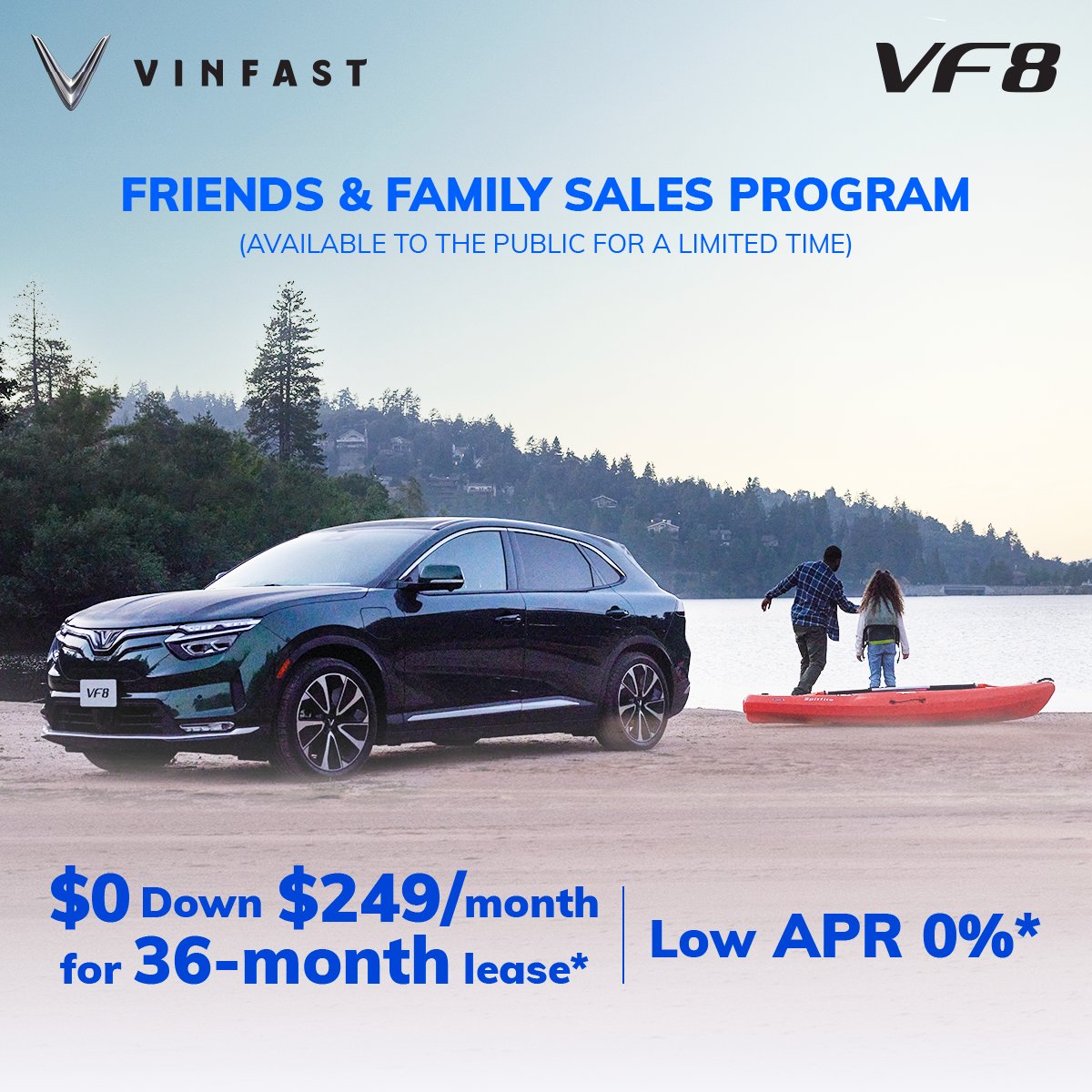VinFastUS's tweet photo. VinFast's Friends &amp; Family Sales Program is here: Seize the chance to lease the VF 8 for 36 months at an irresistible rate of only $249/month or revel in an APR of 0%!*  🚗✨
#VinFast #VF8 #BoundlessTogether #ElectricVehicle #SustainableMobility #Lease #Finance https://t.co/ACnsiLtHkZ