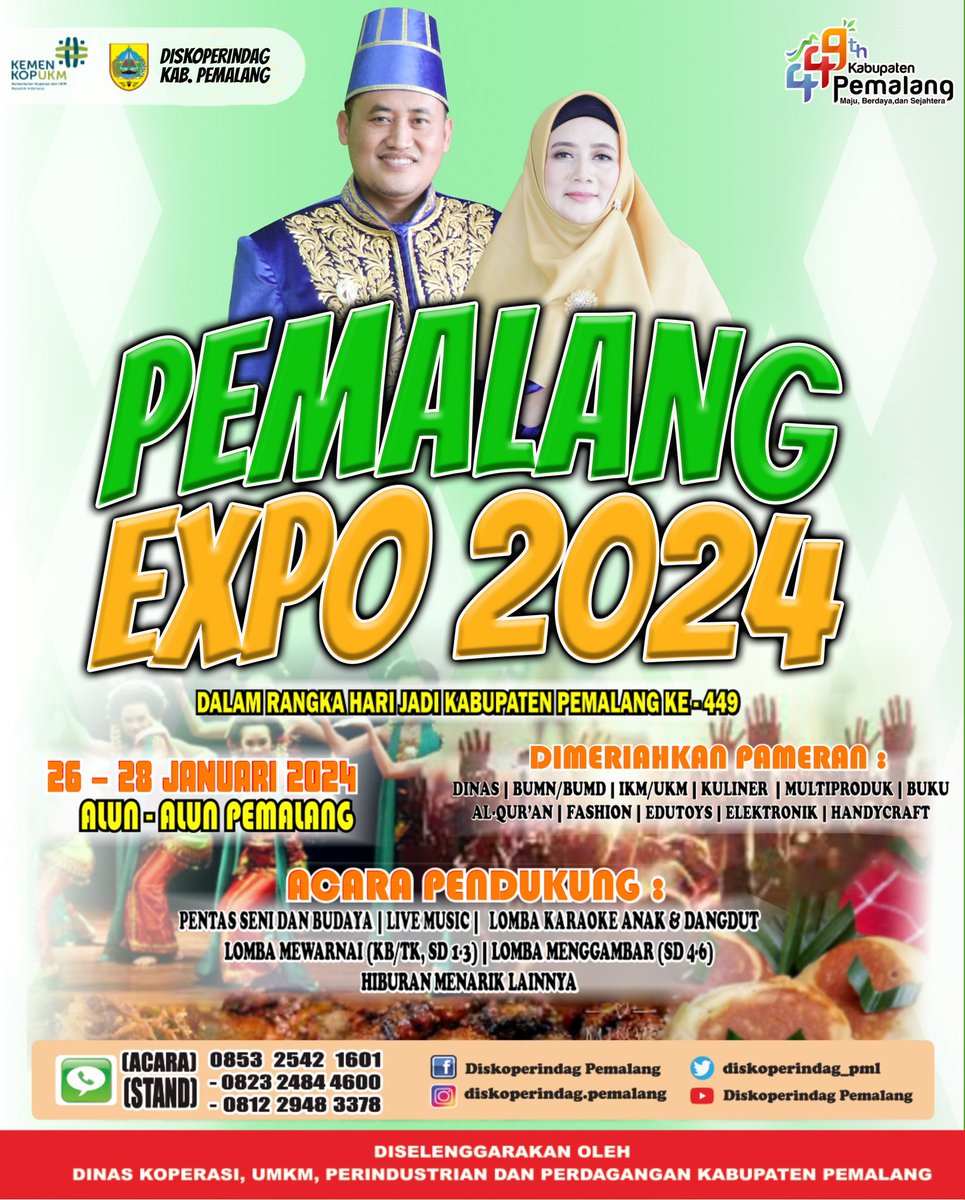 Halllo Masyarakat Pemalang dan Sekitarnya.....

Ayo..!!
Datang dan ramaikan PEMALANG EXPO 2024 dalam rangka Hari Jadi ke- 449 Kabupaten Pemalang 

Catet.. :
🗓️ 26 - 28 Januari 2024 
🕐 08.00 - 22.00 wib
🎪 Alun-alun Pemalang