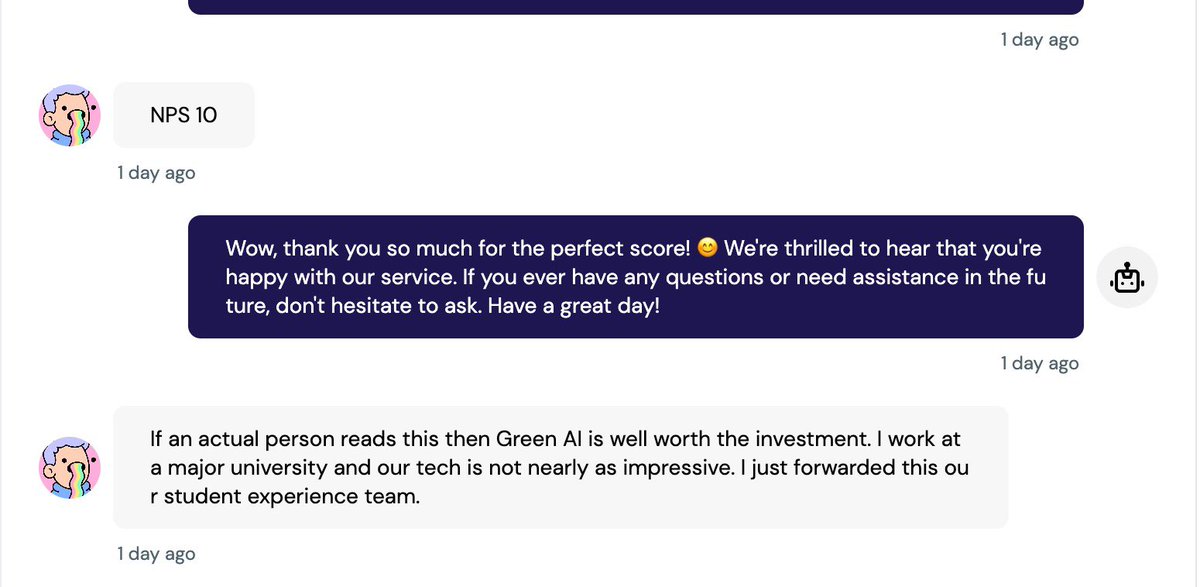 This feedback just made the day for our team at @gleenai ! 

A customer deployed Gleen on their site for customer support. They just got this feedback from an end-user ;)

#customerservice #nps10