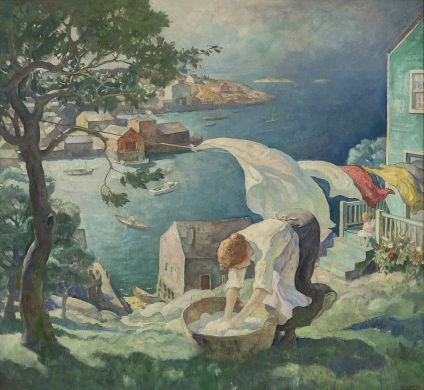 Newell Convers Wyeth (American, 1882-1945) 'Wash Day on the Maine Coast' (1934) Oil on canvas (123.2 x 132.1 cm) Schoelkopf Gallery, New York