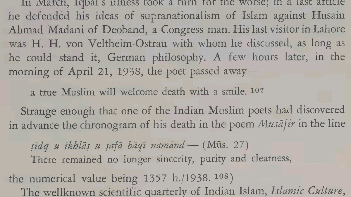 The poet Muhammad Iqbal died on this day in 1938. A line from his Persian poem Musafir contains a chronogram for his death year: صدق و اخلاص و صفا باقی نماند