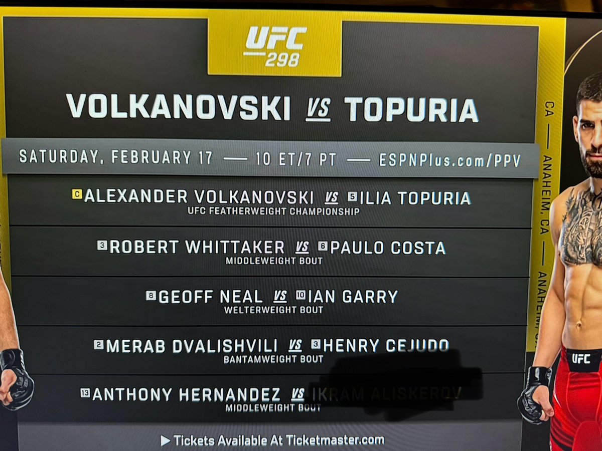 #UFC298 main card minus Ikram Aliskerov - he suffered an injury and he’s no longer competing, per the #UFC297 broadcast. Fluffy Hernandez needs a new opponent