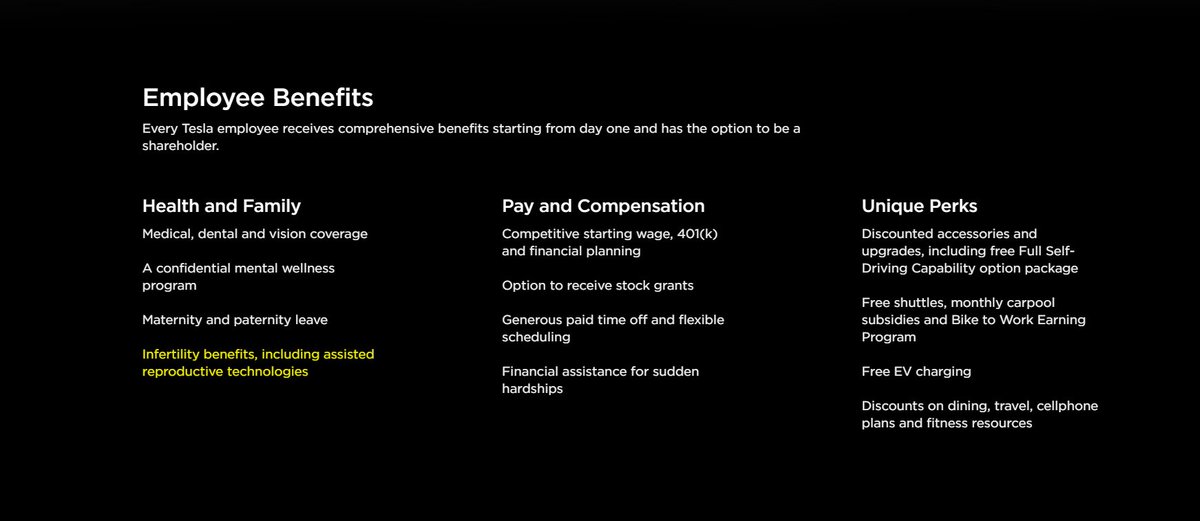 Look at these Tesla employees benefits

Very happy to see Infertility benefits, including assisted reproductive technologies included.