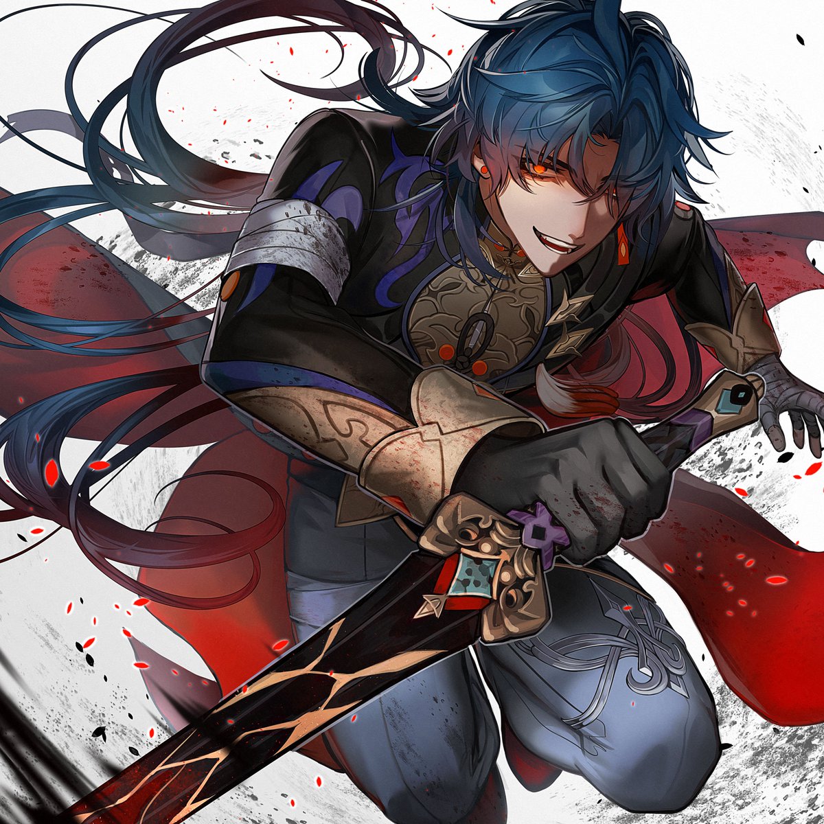 blade (honkai: star rail) 1boy male focus weapon solo holding weapon blue hair holding  illustration images