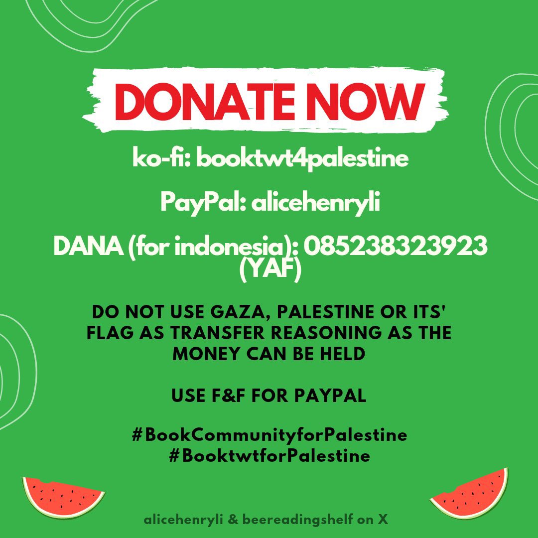 beereadingshelf's tweet photo. #Booktwt4Palestine 🇵🇸

hi #booktwt! to encourage more donations una &amp; i hv decided to create booktwt4palestine where all donations will be given to charities that help Palestine

🔗 ko-fi: https://t.co/WPqGGWGG8M
🔗 paypal:  https://t.co/Un5QY1J0d5
dana (indonesian): 085238323923 https://t.co/S9XSNaynvf