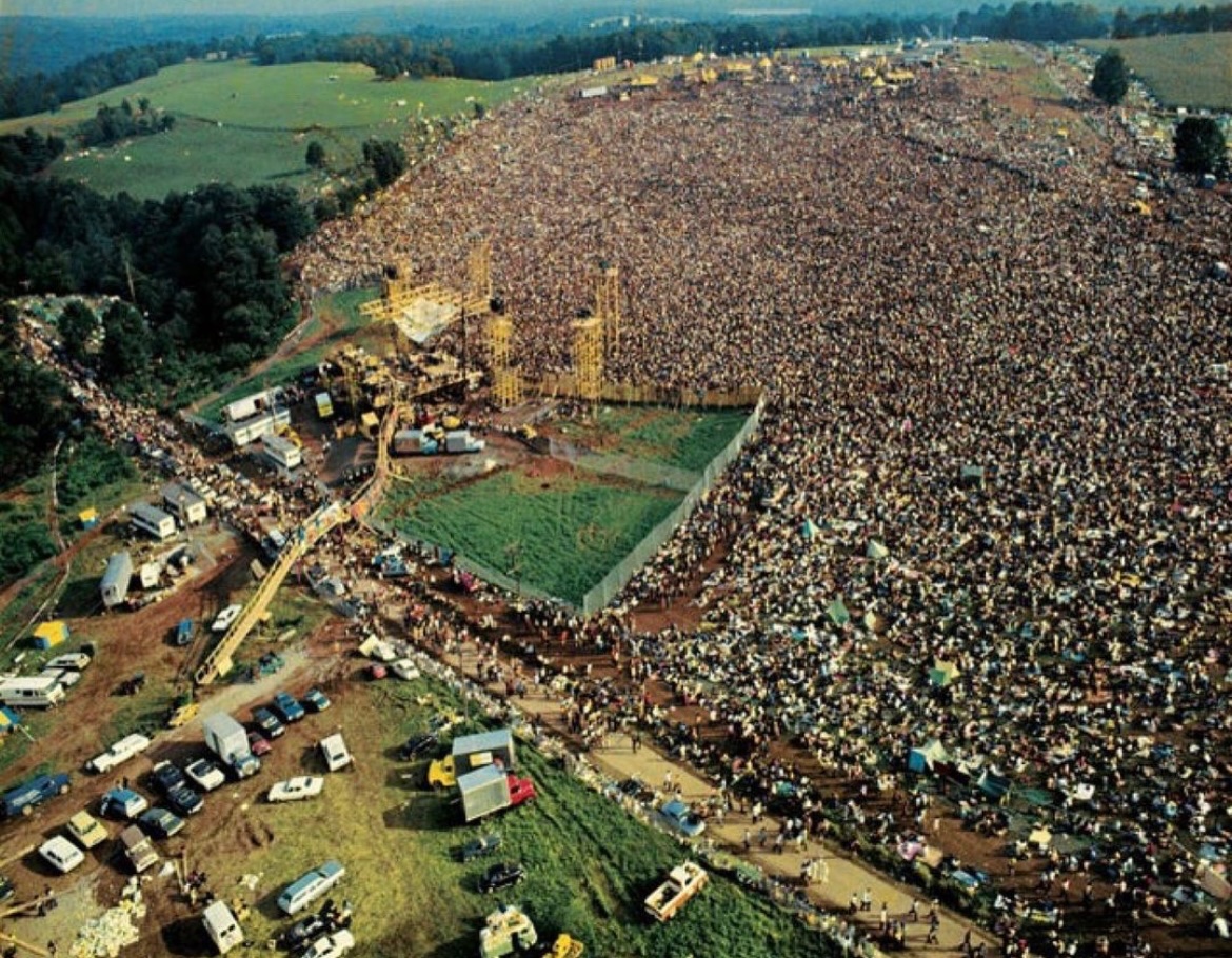 Aerial view of over 400,000 people at Woodstock, 1969