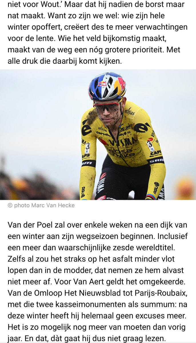 Proficiat <a href="/WoutvanAert/">Wout van Aert</a> dat je ondanks deze kwats keuzes durft maken. Topsport = keuzes maken. Straks moeten concluderen dat je het ergens hebt laten liggen omdat je géén keuzes maakte, zou pas amateuristisch zijn. Een atleet móet niks, behalve zijn kans op succes optimaliseren.