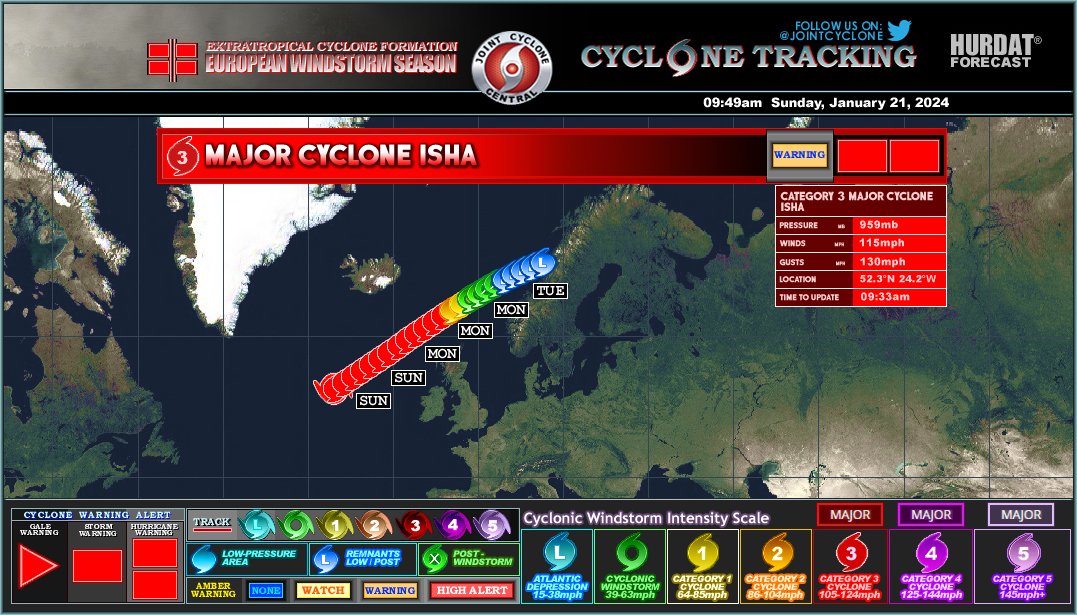 JointCyclone's tweet image. Major #CycloneIsha Advisory 13
Max Winds: 115mph
CWSIS: C3
MSLP: 959mb
#Isha continues to move northeastwards over the Northeast Atlantic, expected to bring a very strong, severe and damaging wind gusts across Ireland and United Kingdom later today and tonight... #StormIsha