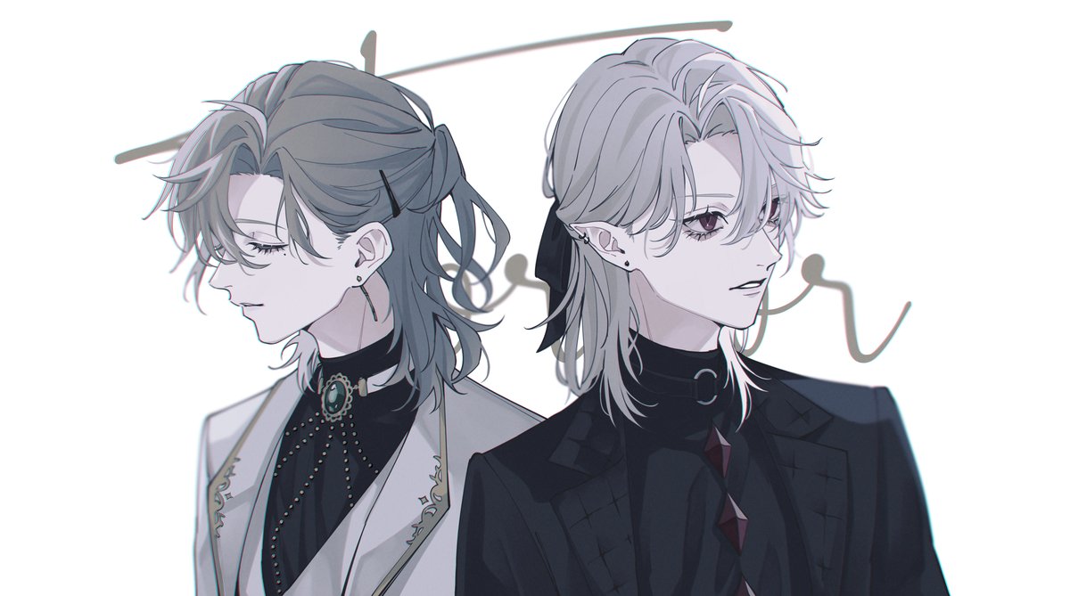 kanae (nijisanji) multiple boys 2boys jewelry pointy ears male focus white background grey hair  illustration images