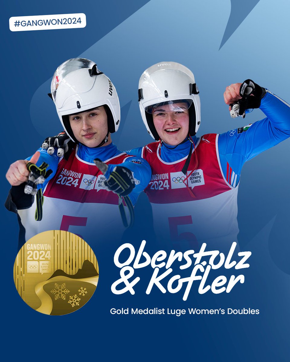 milanocortina26's tweet photo. 🇮🇹 A GREAT TEAM!
What a day for Italy's #luge youth at #Gangwon2024!
🥇 Oberstolz & Kofler take gold in the women's doubles
🥇🥉 The men's individual podium is blue with Haselrieder's gold and Brunner's bronze!
#MilanoCortina2026 | #YOG | #Gen26 | @olympics | #21gennaio https://t.co/2xRpkriKuh