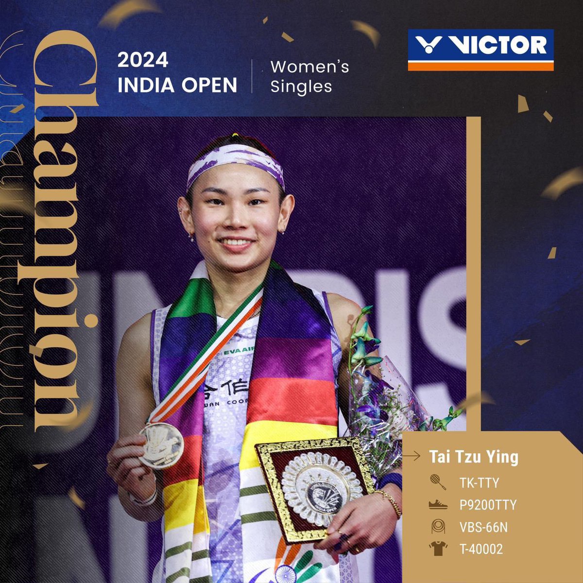 Your #IndiaOpen WS champion is Tai Tzu Ying🏆 

Tai delivered a dominant and stunning performance in the final, claiming her first title in 2024! 

Huge congrats to Tai🔥

#Tai's champion equipment
🏸 TK-TTY
👟 P9200TTY
⭕ VBS-66N
👕 T-40002

#TeamVICTOR #ReadyToWin