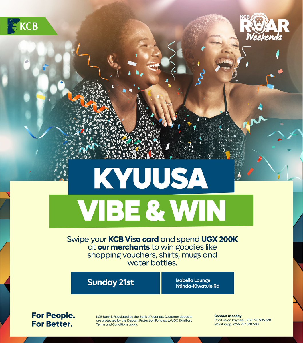 kcbbankug's tweet photo. Sunday hangout plans? 🤔

Pass by any of our merchants, spend up to UGX 200,000 and goodies such as mugs, vouchers and bottles. #KCBRoarWeekends #ForPeopleForBetter https://t.co/I3Z03WhZkS