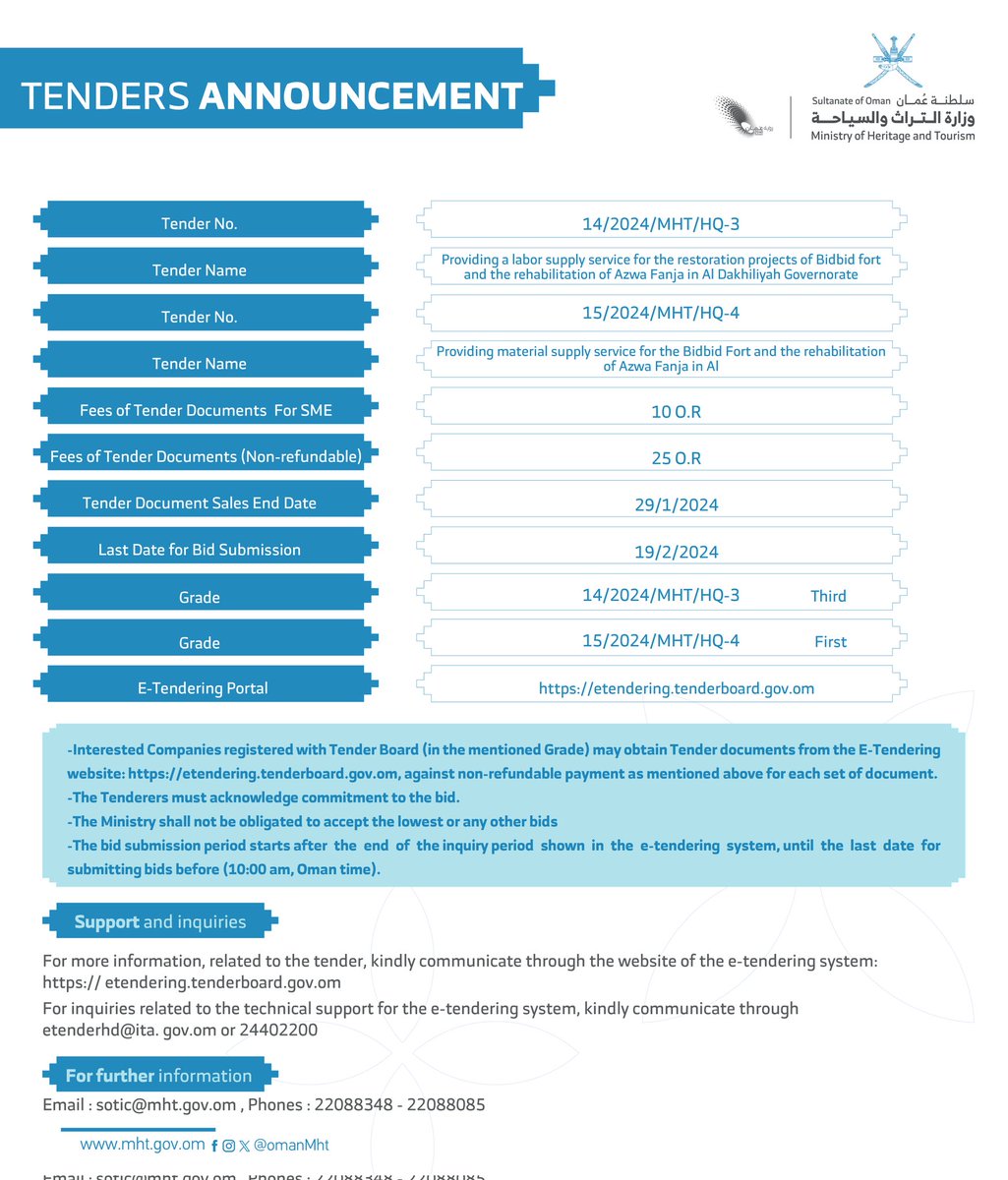 إعلان مناقصات عامة:

- توفير خدمة توريد عمالة لمشروع ترميم حصن بدبد وتأهيل عزوة فنجاء بمحافظة الداخلية. 

- توفير خدمة توريد مواد لمشروع ترميم حصن بدبد وتأهيل عزوة فنجاء.

#تراث_وسياحة