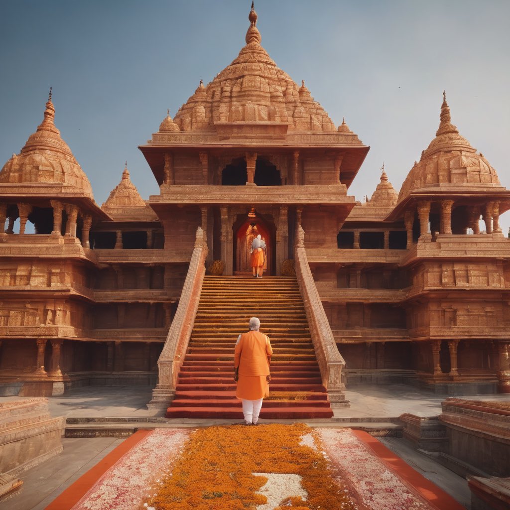 techfrogin's tweet photo. Asked Al to create a scenario of tomorrow's grand celebration of Pran Prathishta in Ram Mandir, Ayodhya and Prime Minister Narendra Modi visiting it.

Comments me 'Jai Shree Ram' likhdo.
#RamMandir #NarendraModi #Ayodhya #RamMandirAyodhya https://t.co/qUMiLyodIL