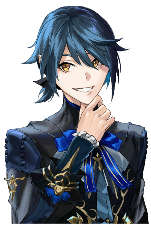 xingqiu (genshin impact) 1boy male focus blue hair solo white background smile yellow eyes  illustration images