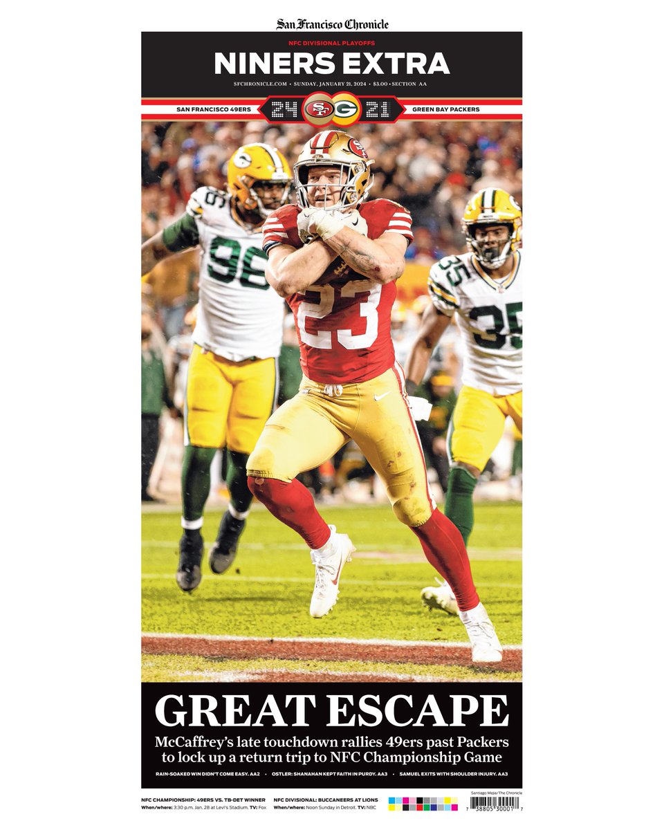 It wasn't pretty but tomorrow's <a href="/sfchronicle/">San Francisco Chronicle</a> front page is glorious. #49ersvsPackers 📷: @SantiagoMejia