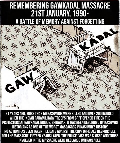 Decades of suffering for Kashmiris under Indian state terrorism. On this day in 1990, the Gaw Kadal massacre left over 50 civilians dead. 34 years later, the perpetrators roam free. The world must not forget. Kashmiri resolve for freedom remains unbroken despite brutal massacres.