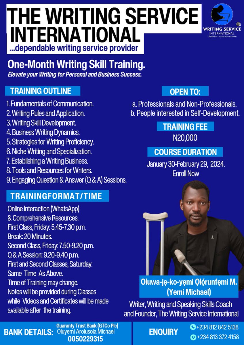 YemiEniMichael's tweet photo. Hi there.
Please, help me repost/share this.
#QualityWritingService
#WritingSkillTraining
#WritingServiceInternational https://t.co/duTVFGMbIv