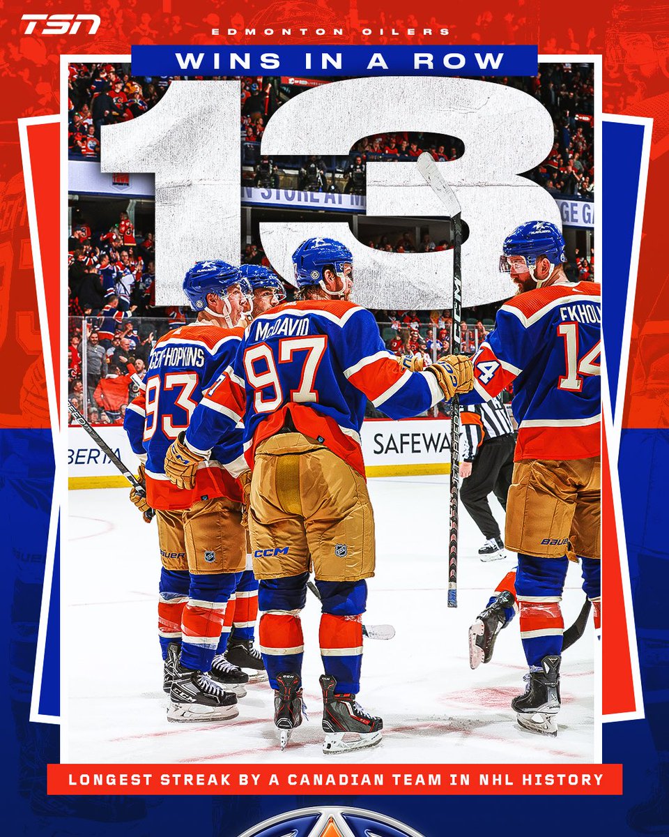 TSN_Sports's tweet photo. HISTORY FOR EDMONTON!

With their 13 straight win, the Oilers now have the longest win streak of any Canadian team in NHL history. https://t.co/Xlh1ICBYo2