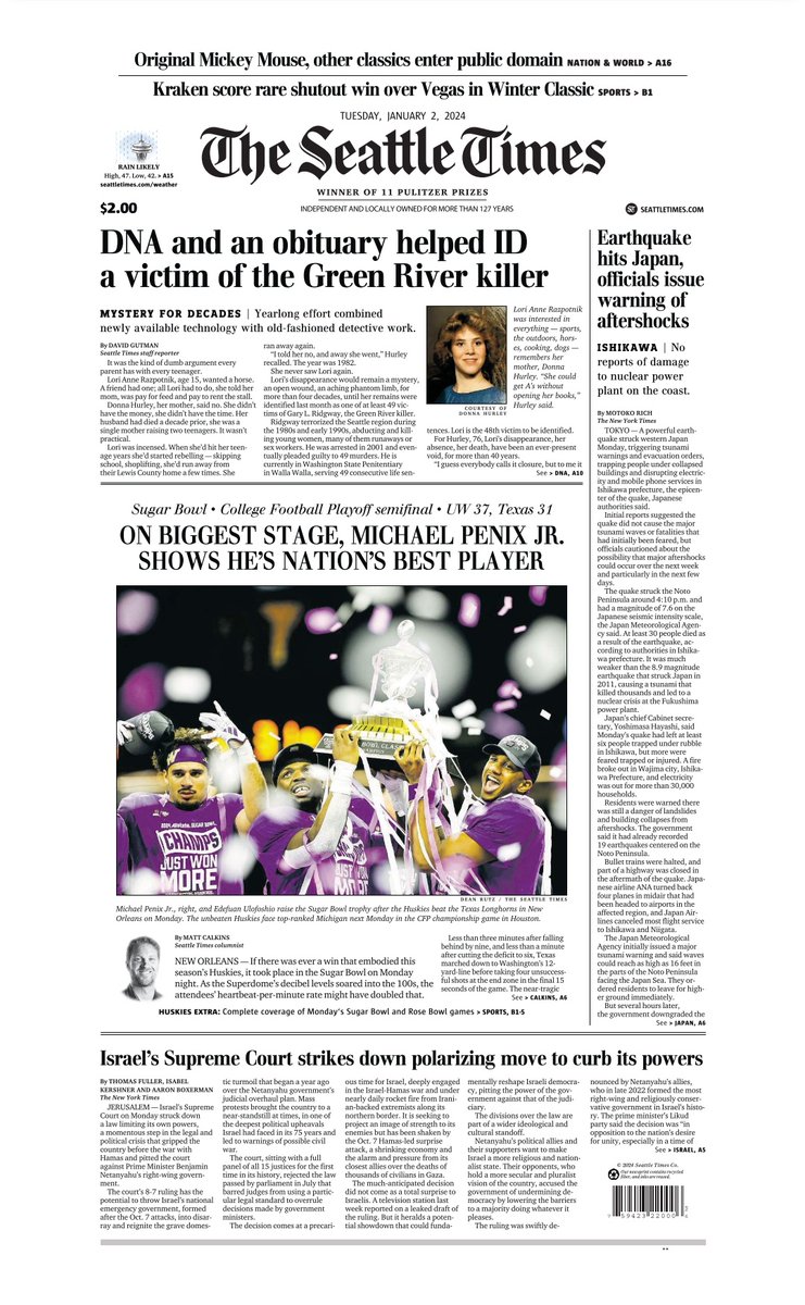 PDawg206's tweet image. 1/2/24 @seattletimes front page

One of the most significant sporting events in Seattle history &amp;amp; one of the most memorable nights of my life.

#Penix4Heisman.  He should have won it.  It is a joke that he didn't.  This is not an individual stats sport.  #StatsStatsStats.

5/13