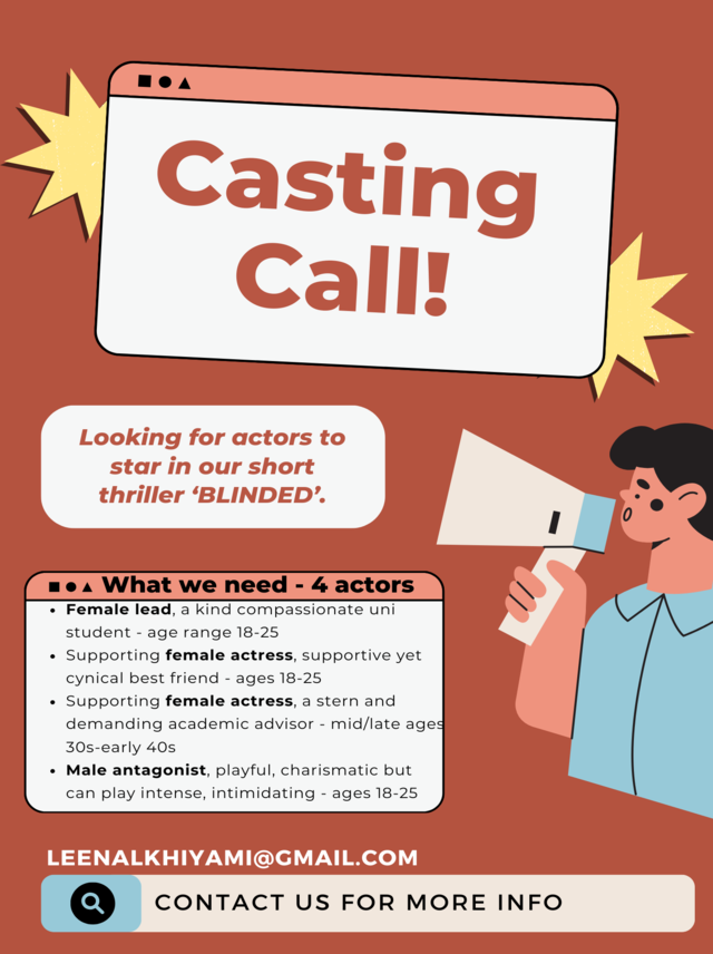 Looking to star in a film?

Join the cast of BLINDED, a short thriller about trust and deception.

Shooting starts in early February 👇