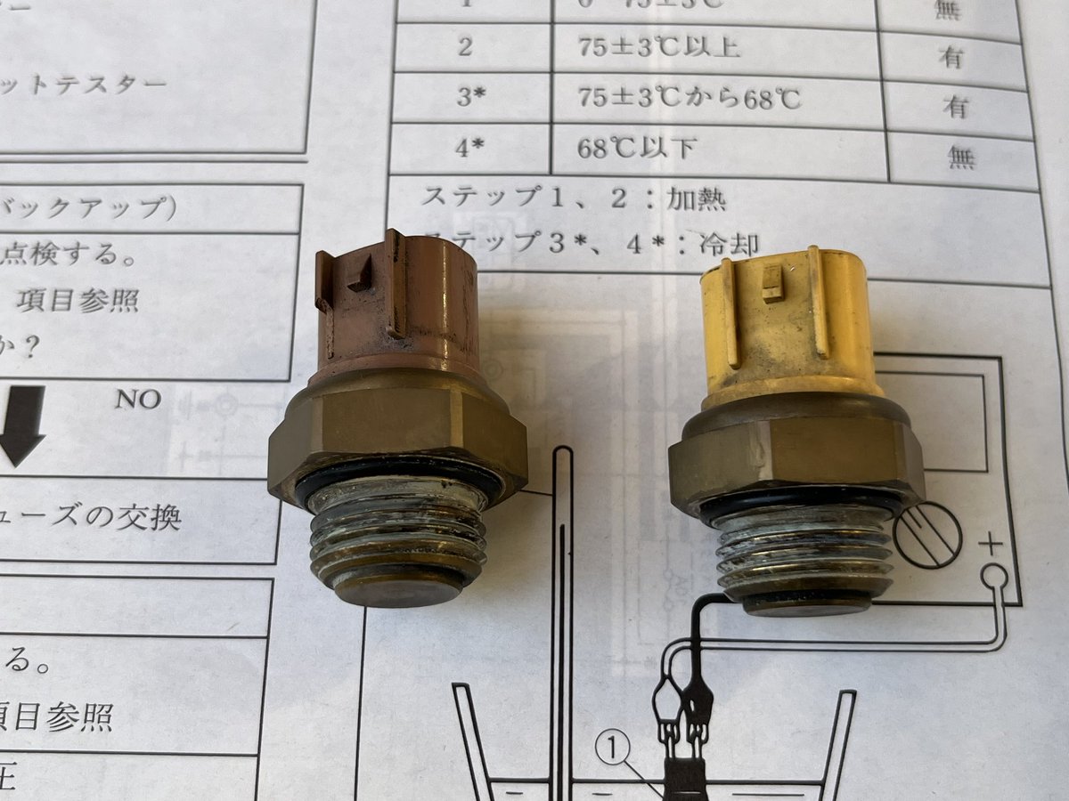 CueHhon's tweet photo. さて、むやみやたらにバラしたから覚えてないぞ？どっちがオートチョークのサーミスタだろう。マニュアルや配線図見ても全くわかりません。オープンサーキットが75℃と98℃の違いはあるようだが…。ぱっと見じゃわかんないよ！ヤマハさん。 https://t.co/b9XVKDaYuM
