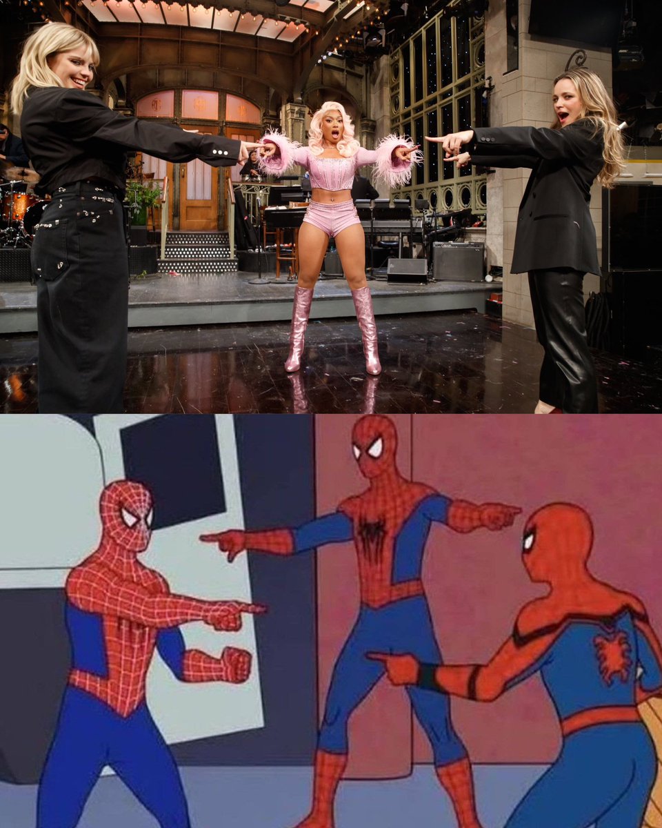 PopCrave's tweet photo. Reneé Rapp, Megan Thee Stallion, and Rachel McAdams recreate ‘Spider-Man’ meme. https://t.co/r1fK8GrylG
