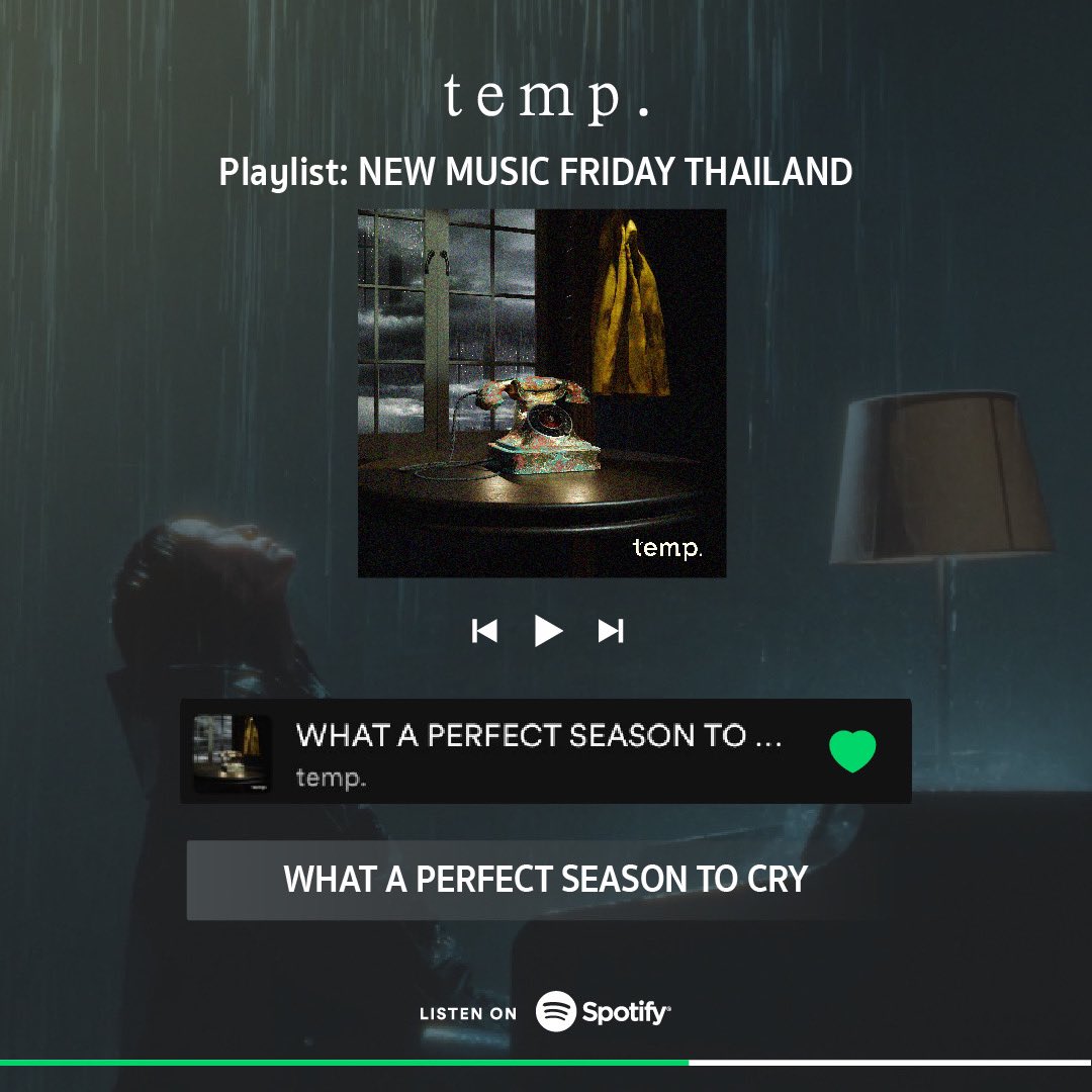 SonyThaiArtists's tweet photo. ตอนนี้เพลง “ WHAT A PERFECT SEASON TO CRY - temp. ”
ได้เข้าไปอยู่ใน Playlist New Music Friday Thailand & .ORG บน @spotifyth อย่าลืมกดเข้าไปฟังกันด้วยน้า 💦☔️
.
🎧 : https://t.co/SuzcRtHFYG
#tempdotband
#sonymusicthaiartists https://t.co/iVled8DPYF