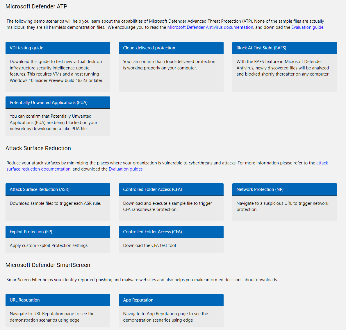 How do you know your Defender configs are implemented correctly and working? 

Microsoft provides various files to demo, test, and validate Defender ASR, PUA, SmartScreen etc. rules. 
👉 demo.wd.microsoft.com
👉 aka.ms/mde-demos