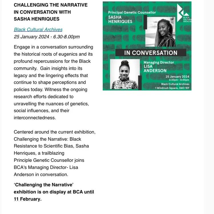 Sasha will be at the Black Cultural Archives on the 25th Jan. Join her and Managing Director Lisa Anderson in conversation from 6pm. @ThinkSpeakMavis @MaleboMalope @Shenriques3 @theAGNC @ConnectingSci