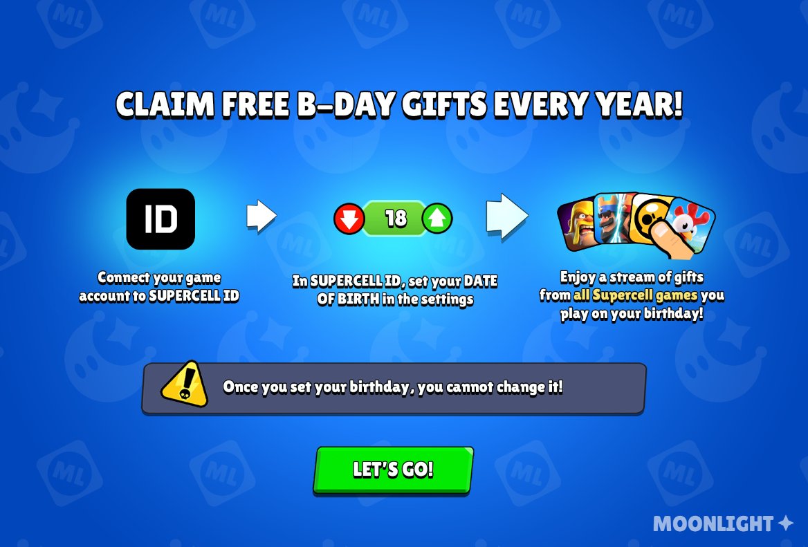 MoonlightStarr8's tweet photo. {CONCEPT] Free Gifts on your Birthday when you connect to Supercell ID! 🎂🥳

🎁Get a free gift in all Supercell games you play once a year!

#BrawlStars #ClashRoyale #ClashOfClans #supercellid https://t.co/x0xgdulKO4