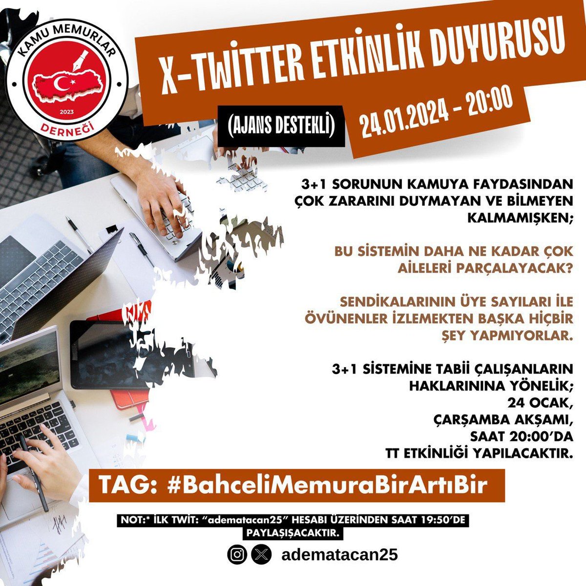 ÇALIŞAN MEMURUN AİLE KURUMUNA CEZAMI VERİLİYOR?

BU SİSTEMİ KABUL ETMİYORUZ!

SN CUMHURBAŞKANIM <a href="/RTErdogan/">Recep Tayyip Erdoğan</a> 

SİZİN AÇIKLAMALARINIZA RAGMEN BU SORUNU GÖRMEZDEN GELİYORLAR.

SN <a href="/dbdevletbahceli/">Devlet Bahçeli</a> GENEL BAŞKANIM
YÜZBİNLERCE MEMUR EŞİNDEN VE ÇOCUĞUNDAN AYRI KALIYOR.

#AileBütünlüğü