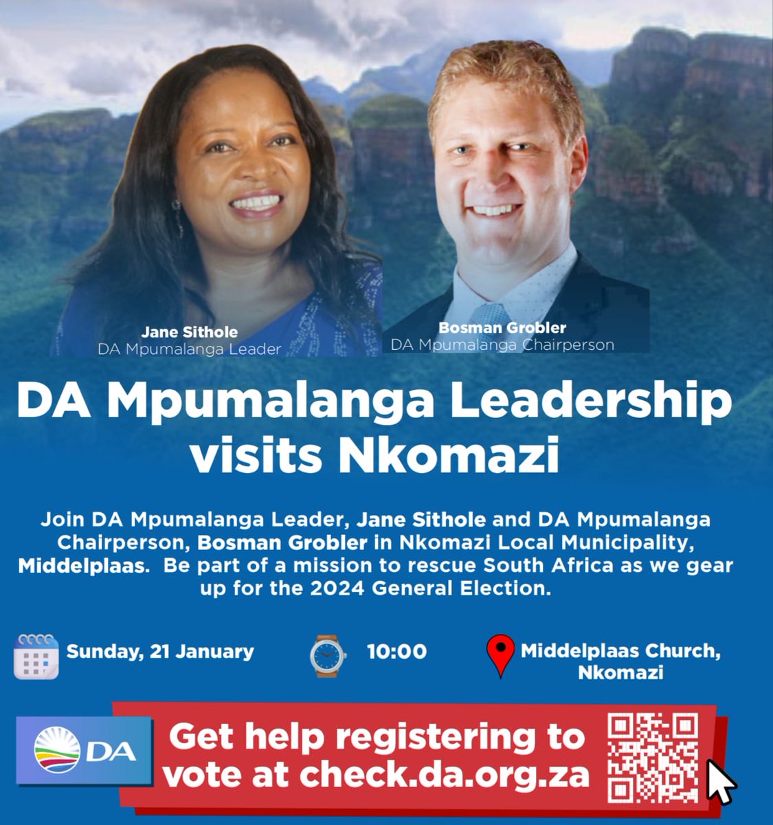 🚨🚨 Join DA Mpumalanga Leader, Jane Sithole and DA Mpumalanga Chairperson, Bosman Grobler in Middelplaas, Nkomazi Local Municipality.

⌚ 10h00

📅 Sunday, 21 January 

📌Middelplaas, Nkomazi Local Municipality 

#PowerToTheRegistered