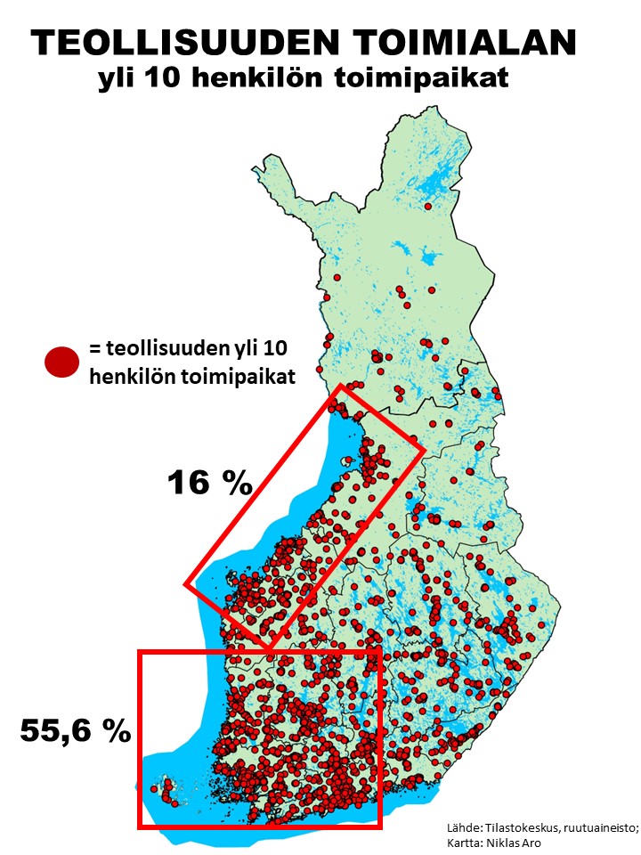 timoaro's tweet photo. TEOLLISUUDEN MAANTIEDE: kartalla punaisella pisteellä teollisuuden kaikki yli 10 henkilöä työllistävät toimipaikat. 

Koko maassa 3 808 yli 10 henkilön teollisuuden toimipaikkaa.

Seitsemän kymmenestä sijaitsee Etelä- ja Lounais-Suomessa tai Pohjanmaiden rannikkoalueella.
