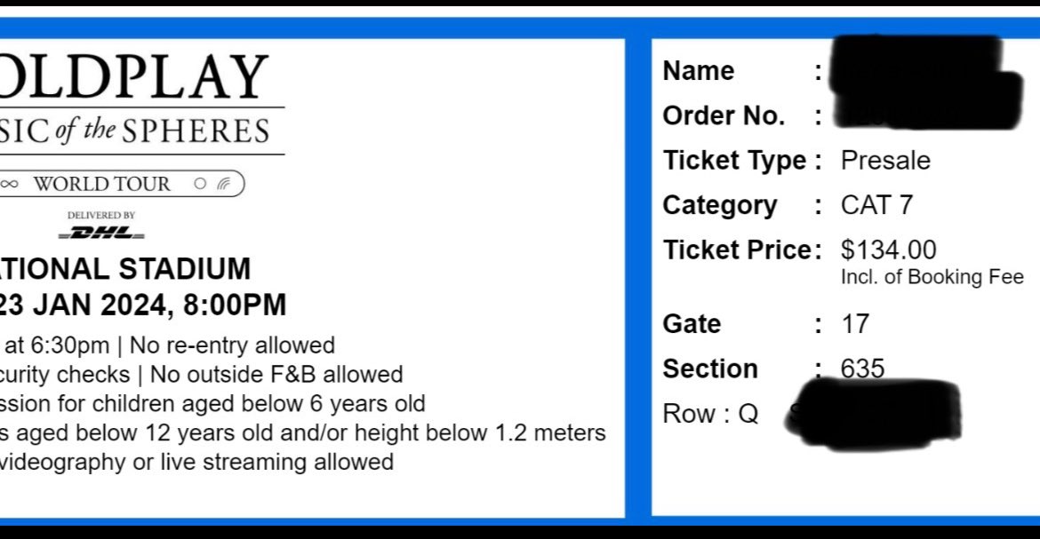 reethni's tweet photo. #WTS COLDPLAY IN SG
2 Tickets (side by side - take all)
Seat: Cat 7
Date: 23 January 2024
Under ticketmaster. 2xxx yuk
Indonesia, ticket print at home Suggest COD in semarang
Dm for more info
#WTS #WTB #coldplaysingapore
#COLDPLAYinSG #COLDPLAYinsingapore https://t.co/tNc6iqrcH5