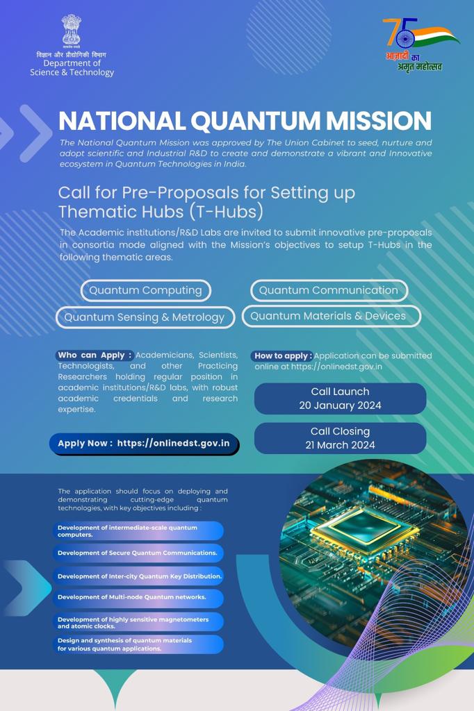 📢 @IndiaDST invited innovative pre-proposals in consortia mode from academia institutions/R&D Labs to setup T-Hubs under #NQM in 🔹Quantum Computing 🔹Quantum Communication 🔹 Quantum Sensing & Metrology 🔹Quantum Materials & Devices More Details➡️ dst.gov.in/callforproposa…