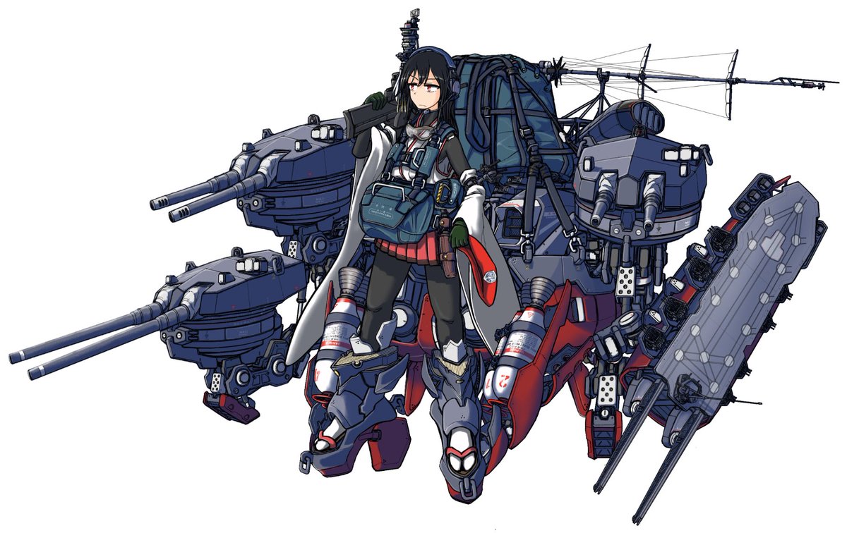 yamashiro (kancolle) 1girl black hair solo short hair detached sleeves white background cannon  illustration images