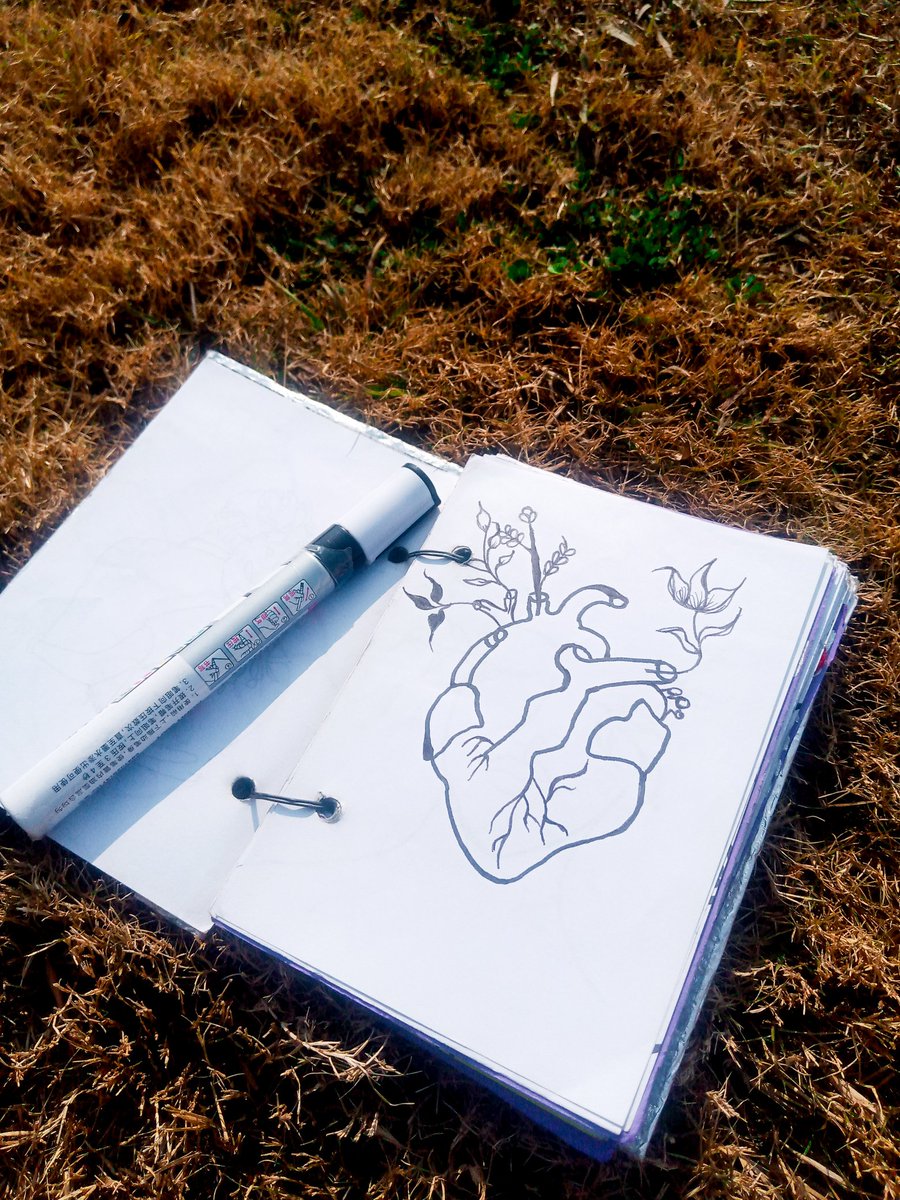 From the heart's inked trails, nature's whispers unfurl,
Leaves and blooms emerge, a delicate swirl.
In strokes of black, a story of life's allure,
Where love and beauty dance, forever pure.