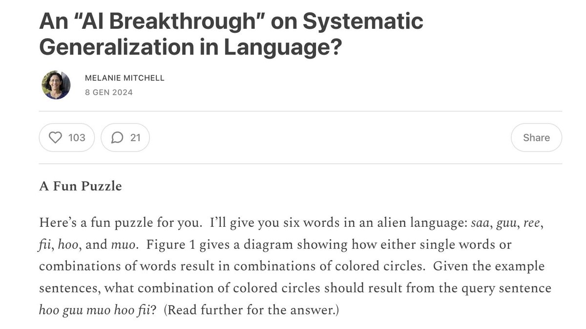 M.Mitchell aiguide.substack.com/p/an-ai-breakt… points out how "human-likeness" #AI claims should not be based only on the performance comparison with human data. The difference between "human-like" computation &amp; "human-level" performances is a central topic of  #book: doi.org/10.4324/978131…