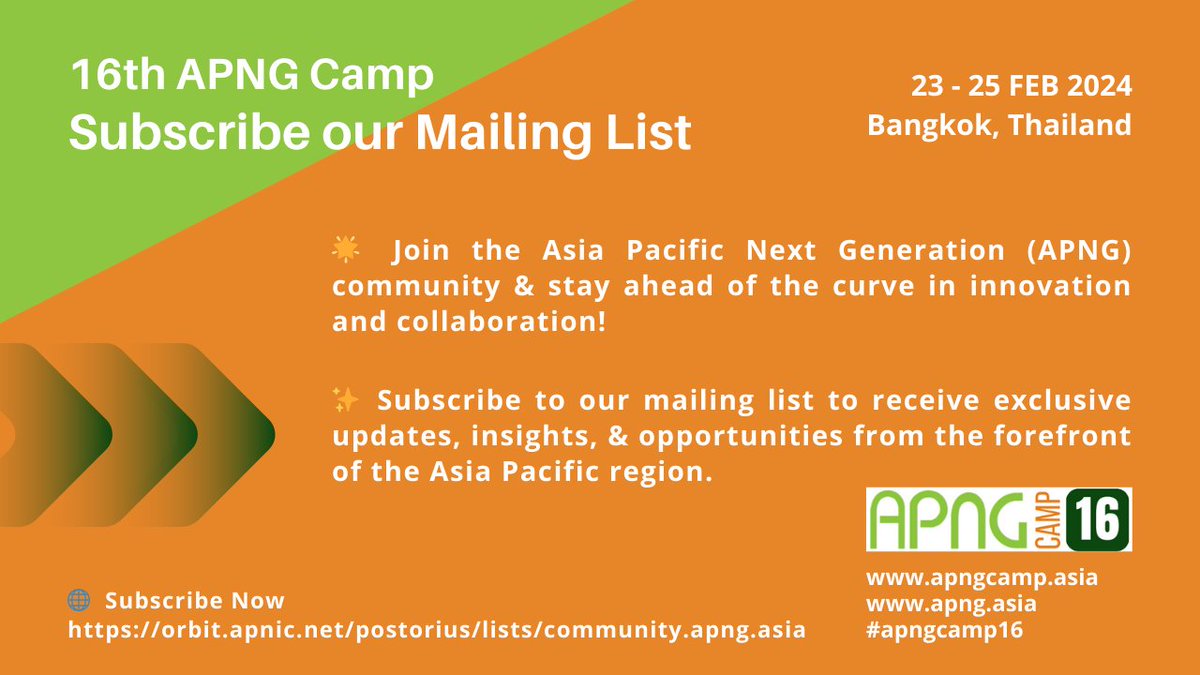 APNG_Asia's tweet image. 🌟 Join our community &amp;amp; stay ahead of the curve in innovation &amp;amp; collaboration!

🌐 Subscribe to our mailing list to receive exclusive insights, &amp;amp; opportunities NOW.
orbit.apnic.net/postorius/list…

#APNGCamp16 #InternetCommunity #GenerativeAI #APNGFellowship 
#APNGCamp2024  #SaveTheDate