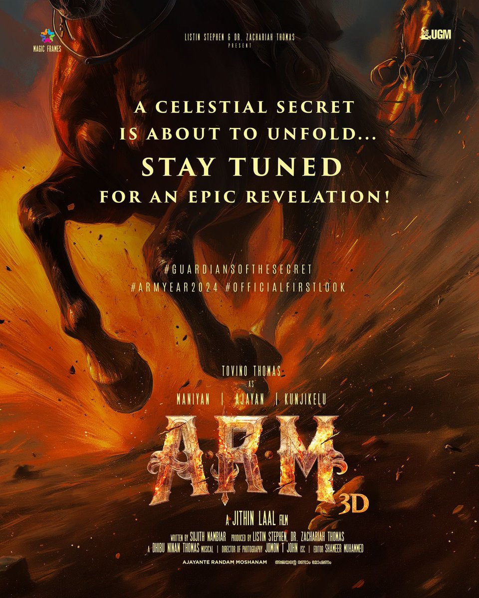 #ARM official update soon...🔥
A celestial secret is about to unfold... Stay tuned for an epic revelation!
#GuardiansOfTheSecret
#ARMyear2024
#AjayanteRandaamMoshanam 
#TovinoThomas 
#HBDTovinoThomas