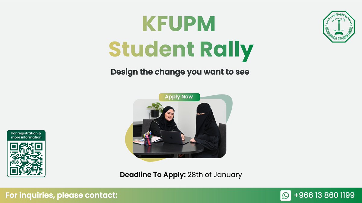 KFUPM's tweet photo. لتشجيع وتعزيز دور الطلبة ومشاركتهم الفعالة في عملية صنع القرار، أطلقت #جامعة_الملك_فهد_للبترول_والمعادن ولأول مرة، رالي الطلبة، والذي يهدف إلى تمكينهم من تقديم مقترحاتهم وأفكارهم الإبداعية لقيادات الجامعة حول القضايا التي تمس رحلتهم الأكاديمية وحياتهم الجامعية.

للتسجيل: https://t.co/fzWvfE5zrY

#KFUPM