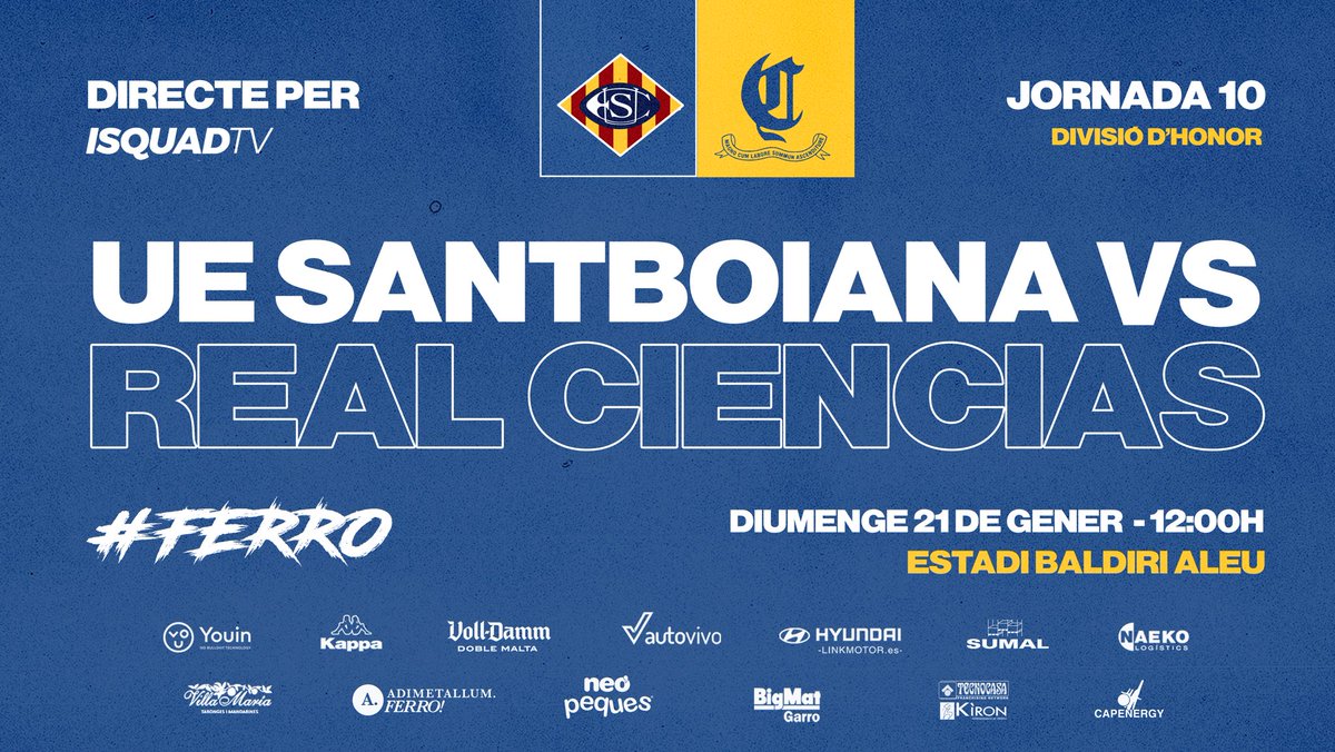 𝐏𝐚𝐫𝐭𝐢𝐭 𝐝𝐞 𝐋𝐥𝐢𝐠𝐚 -𝐢 𝐂𝐨𝐩𝐚- 𝐚𝐥 𝐁𝐚𝐥𝐝𝐢𝐫𝐢! 🙌🏻

🏉 U.E. Santboiana 𝙫𝙨 <a href="/rugbyciencias/">Cajasol Real Ciencias Sevilla</a> 

🏆 Jª 10 Divisió d’Honor Masculina
🏟 Estadi Baldiri Aleu
🕐 12.00h

📺 youtube.com/watch?v=3kgSNL…

FERRO I FORÇA, jugadors! 💙

#FerroSantBoi