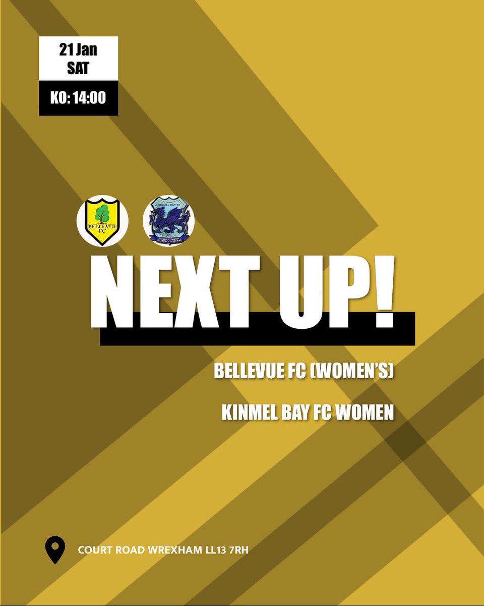 🟡⚪️MATCHDAY⚪️🟡 

🏆 North Wales Womens League
🆚 Kinmel Bay FC Women
🗓️ 21st January 2024
⏰ 14:00
🏟️ Court Road

Follow our social media for updates 
<a href="/fc_bellevue/">Bellevue FC</a> (X)
@cpdbellevue (Facebook)
#BellevueFC
#UnClwbUnBoblUnedig
#OneClubOnePeopleUnited