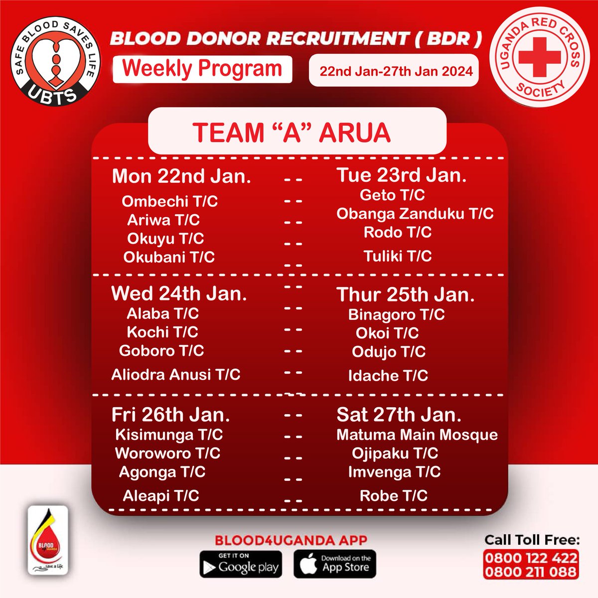 The gift of blood is a gift to someone's life. Donate blood and be the reason for someone's existence.
You can donate blood this week at the following locations. @ubtsug1 @UgandaRedCross @MinofHealthUG @JaneRuth_Aceng @nbstv @kabakafound @nphionavickie